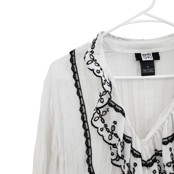 Studio 1940 Women's Vintage Poly Crinkle Ruffles Button Front Top Victorian- M - Picture 2 of 6